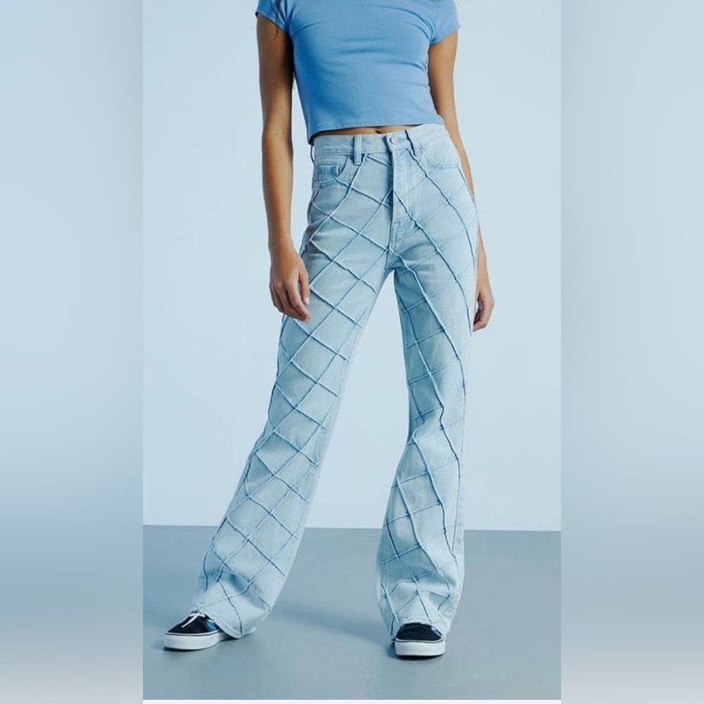 PacSun Light Blue Pintuck High Waist Flare Jeans with Diamond Patchwork 26 boho